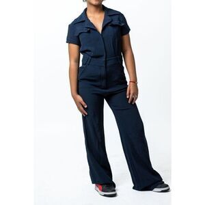 Richard Tyler Jumpsuit Size X-Small Vintage Navy Blue Pockets Flare Legs‎